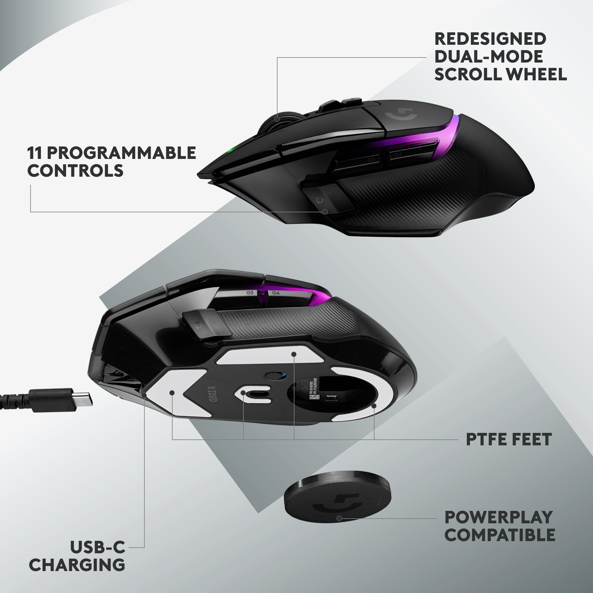 Schwarze Gaming-Maus mit Beschriftungen für Funktionen: Laden, Tasten und Powerplay.
