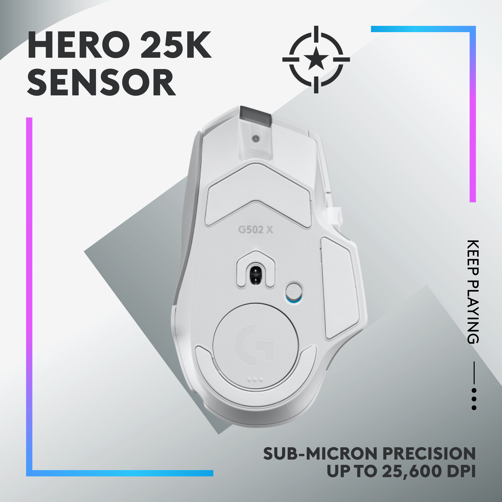 Weiße Gaming-Maus, Draufsicht, mit 'G'-Logo und HERO 25K-Sensor-Text.