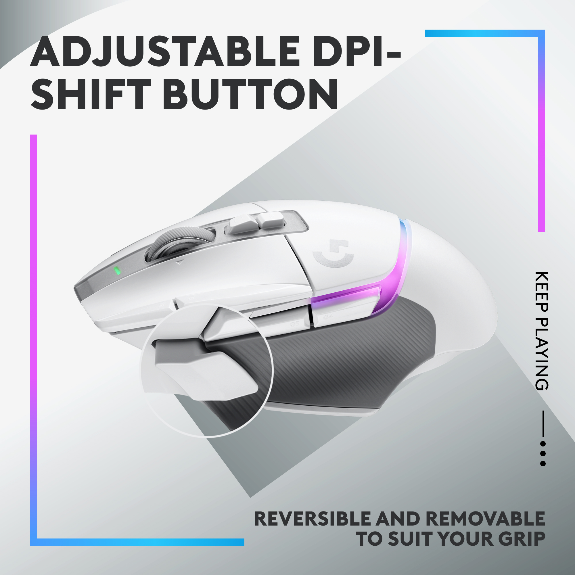 Eine weiße Gaming-Maus mit anpassbarer Seitentaste. Die DPI-Shift-Taste ist sichtbar.