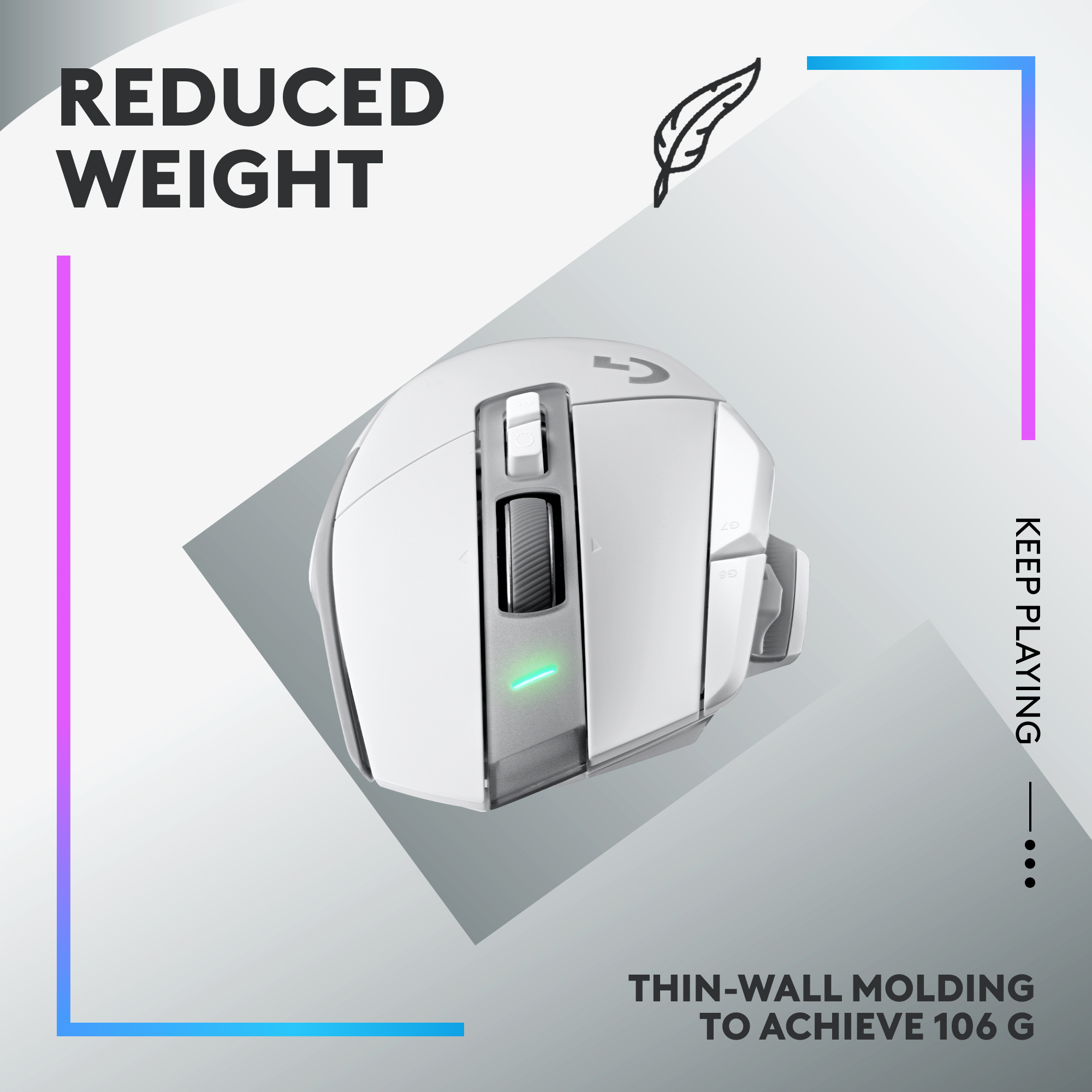 Weiße Gaming-Maus mit schwarzem Scrollrad und Text "Reduced Weight".