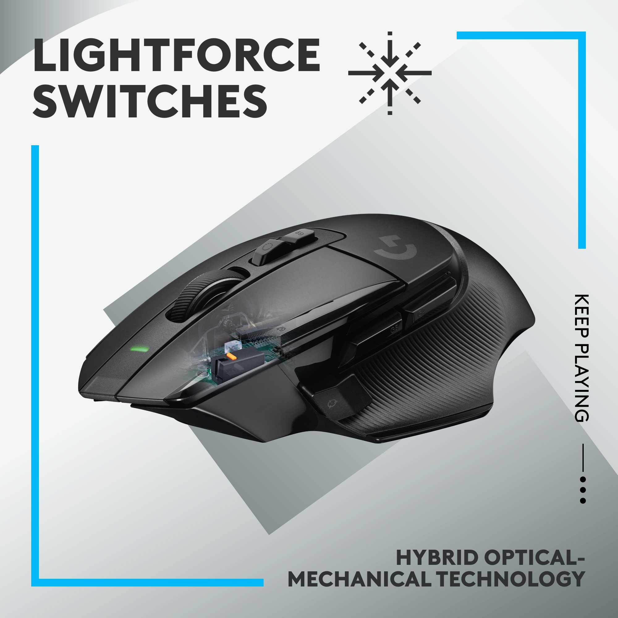 Schwarze Gaming-Maus, abgewinkelt, mit Text 'LIGHTFORCE SWITCHES' und 'HYBRID OPTICAL-MECHANICAL TECHNOLOGY'.
