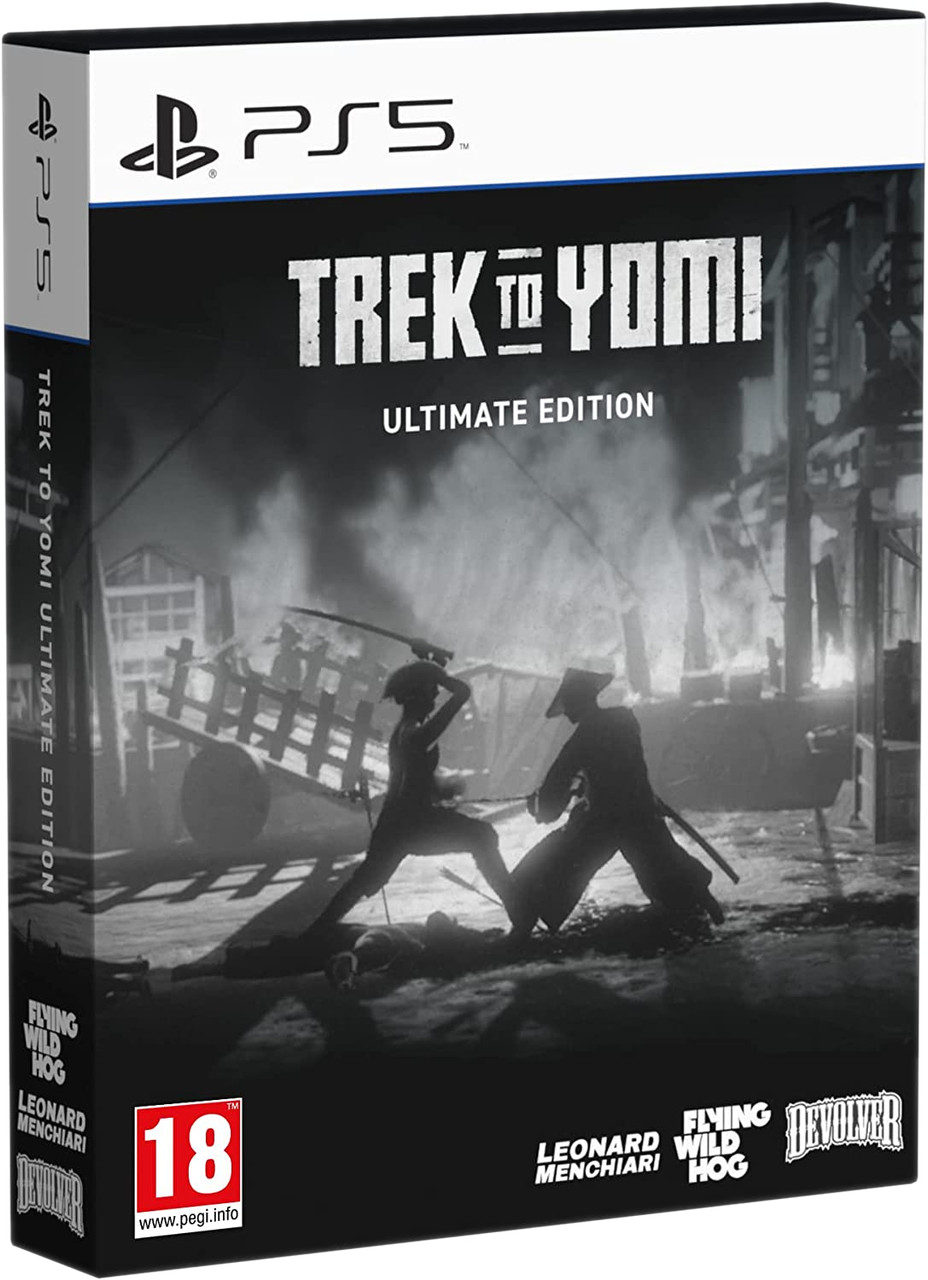PS5-gamecover van 'Trek to Yomi', met twee samoerai in een brandend dorp.