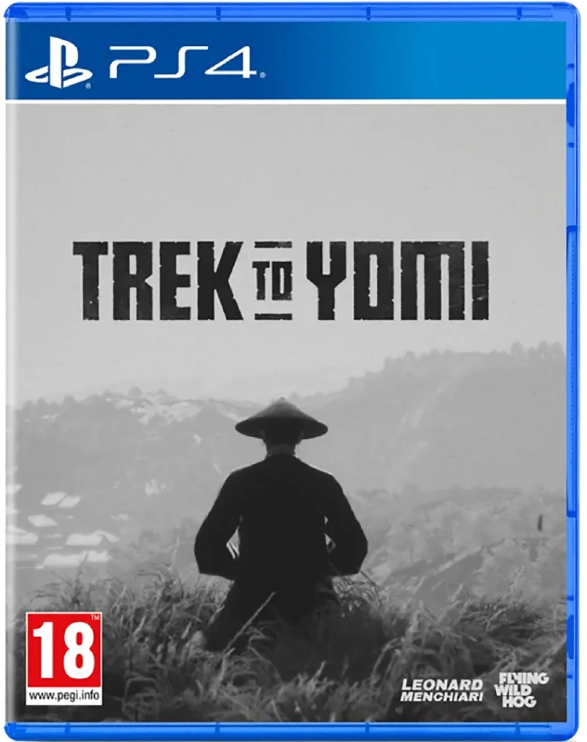 PS4 game cover: 'Trek to Yomi' met een samoerai in een veld, een ver dorp onder een grijze lucht.