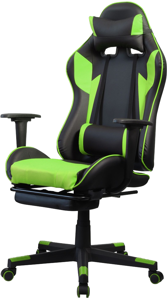 Egy fekete és zöld gamer szék fejtámlával, deréktámasszal és karfákkal, fehér háttérrel.