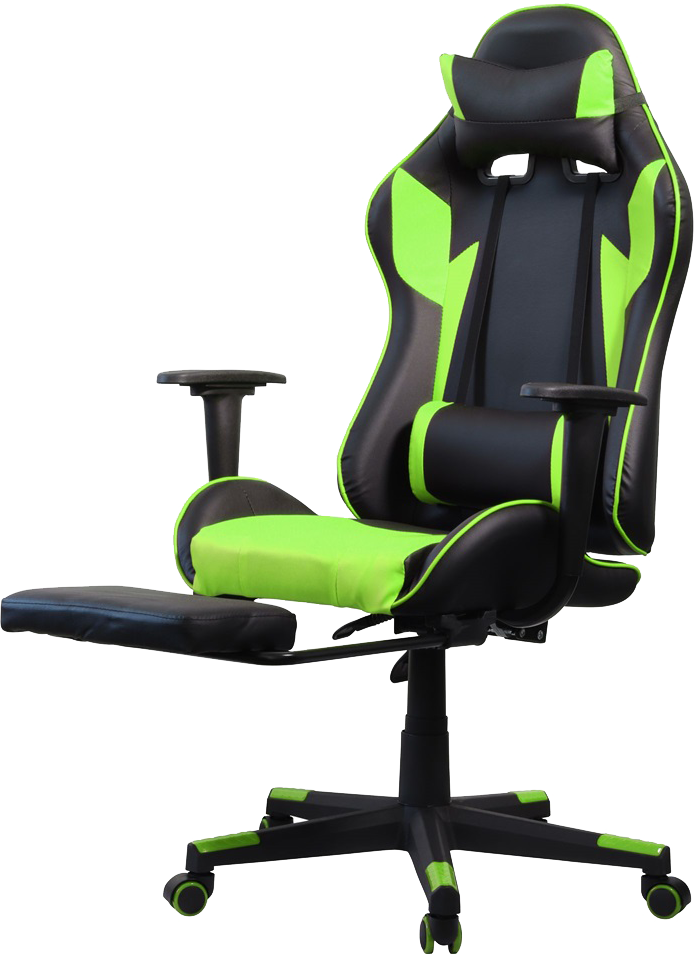 Gaming szék: fekete és zöld színekben, lábtartóval.