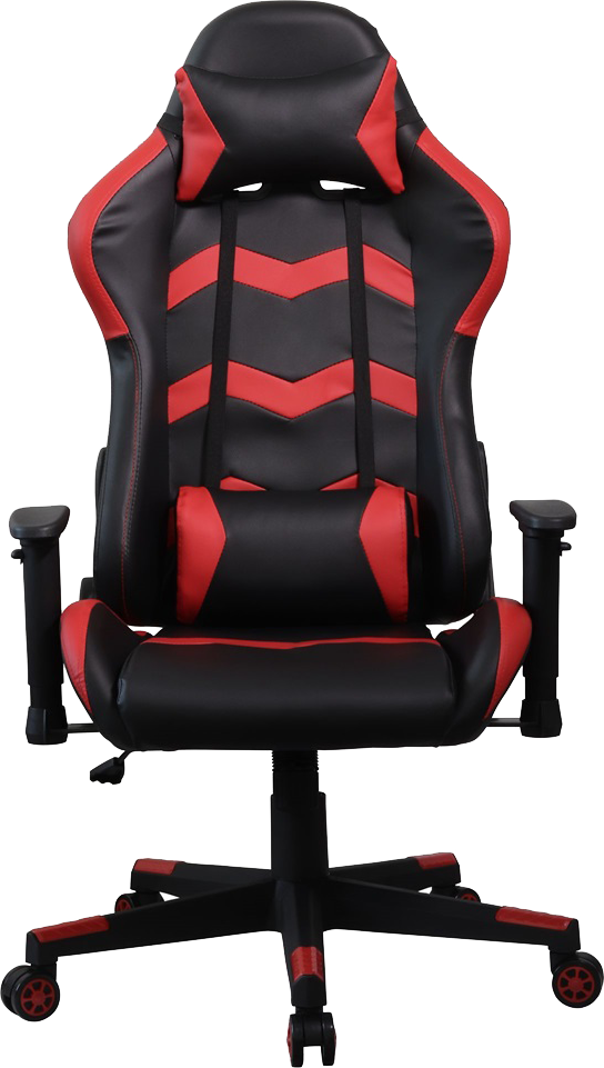 Fekete-piros gamer szék, fejtámlával és kartámaszokkal, fekete, kerekes alapon.