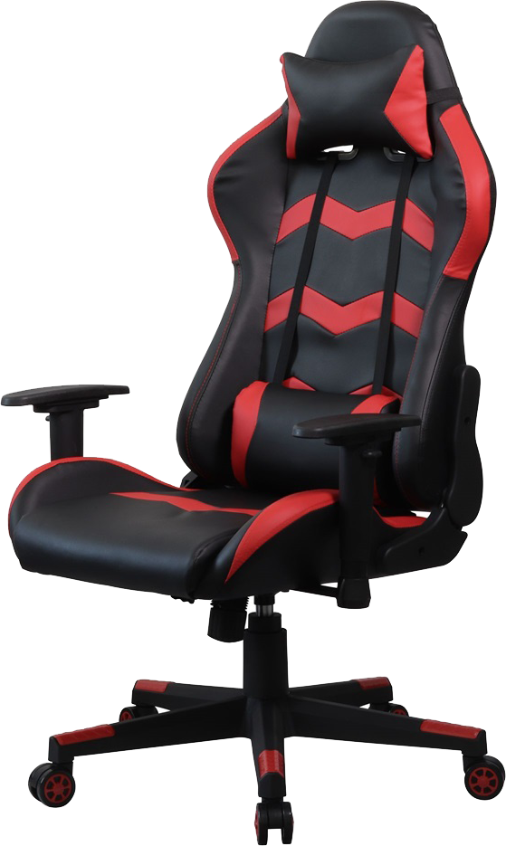 Fekete és piros gamer szék. A széknek fejtámlája, karfái és piros díszítései vannak.