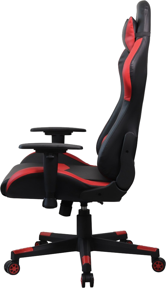 Gaming szék oldalról, fekete és piros. Fejtámlával, karfával és kerekekkel rendelkezik.