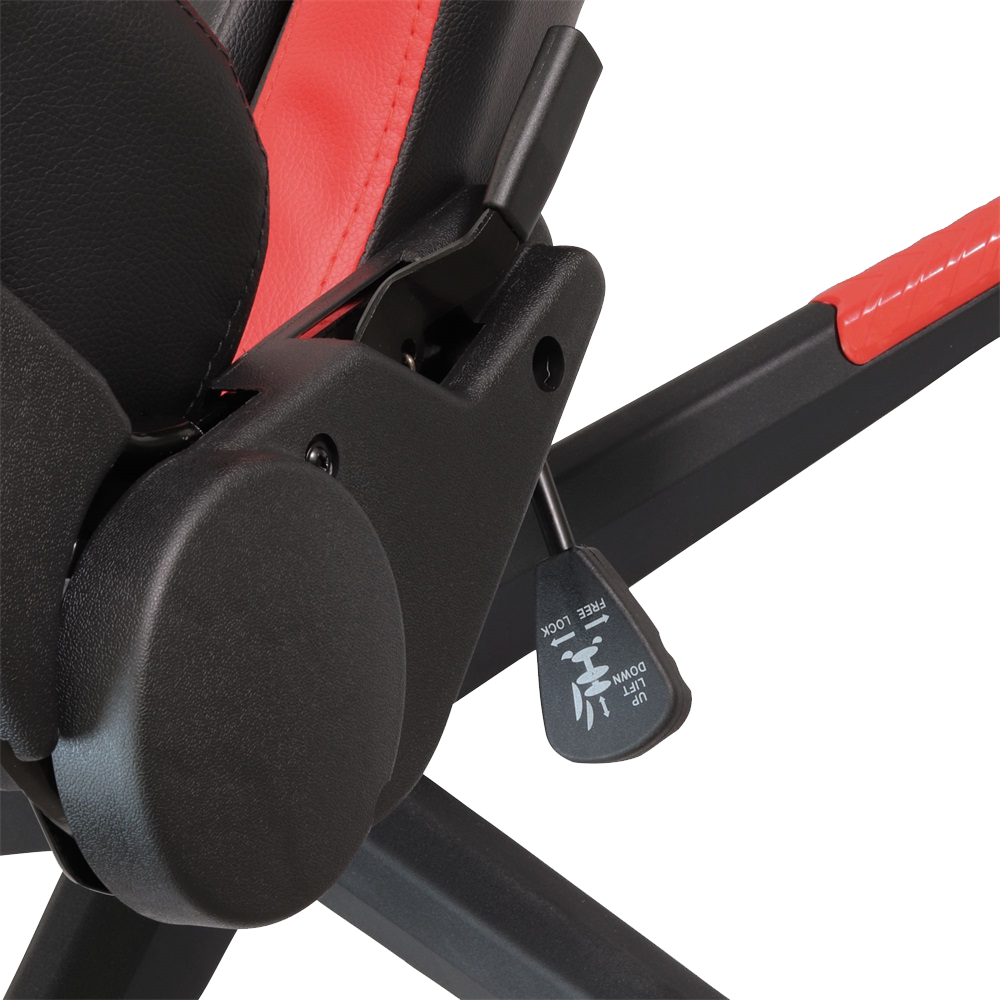 Játék szék részletei. Fekete és piros design. Kar a szék beállításához.