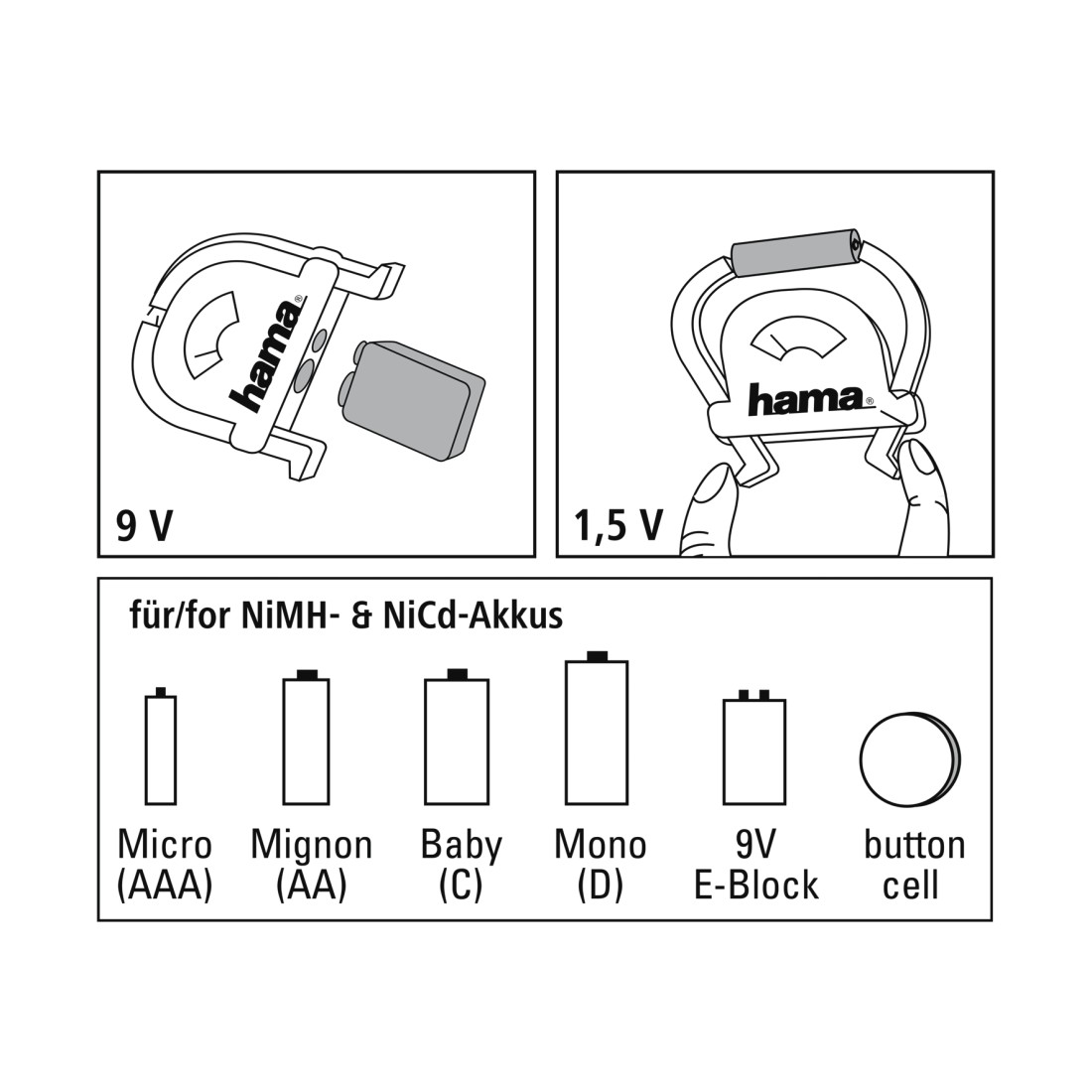 Diagramma dei tipi di batterie: AAA, AA, C, D, 9V e pila a bottone.