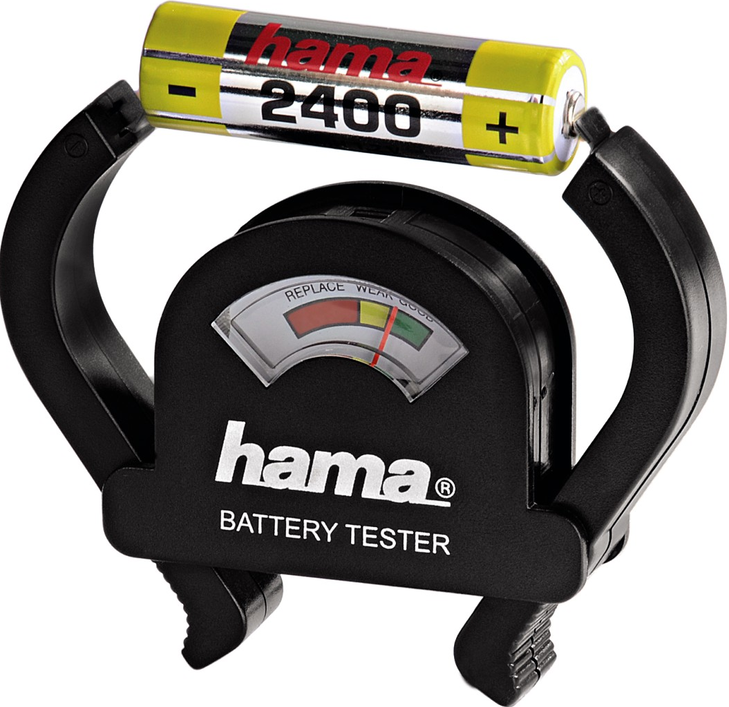 Tester per batterie Hama con batteria gialla all'interno.