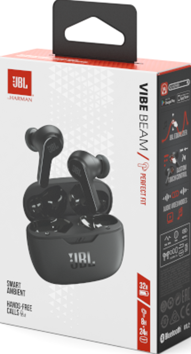 Eine schwarze JBL-Ohrhörerbox mit sichtbaren Ohrhörern und Produktinformationen auf den Seiten.