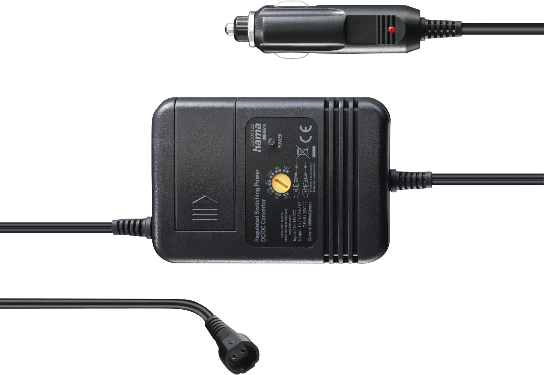 Auto-Adapter. Schwarz, mit Strom- und Autoladegerät-Eingang. Schwarze Kabel verbunden.