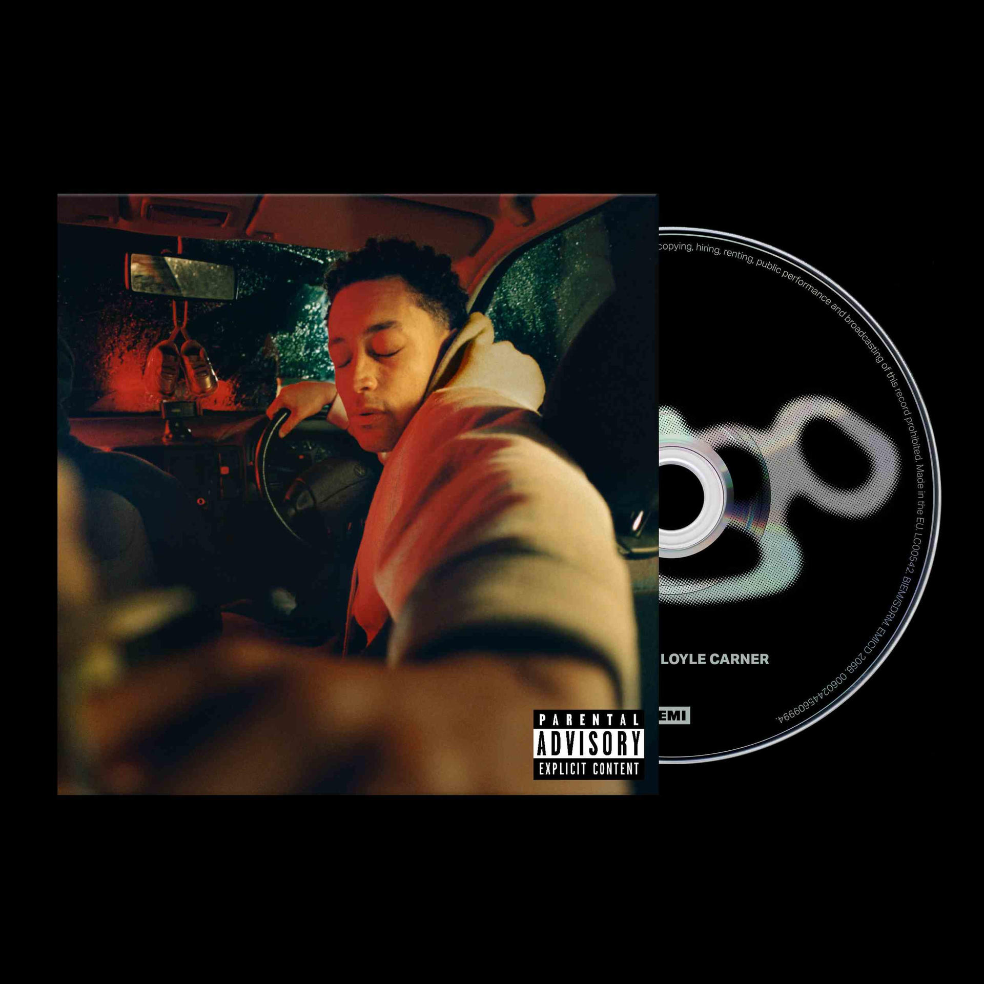CD-Cover eines Albums mit Mann im Auto. Parental Advisory Explicit Content.