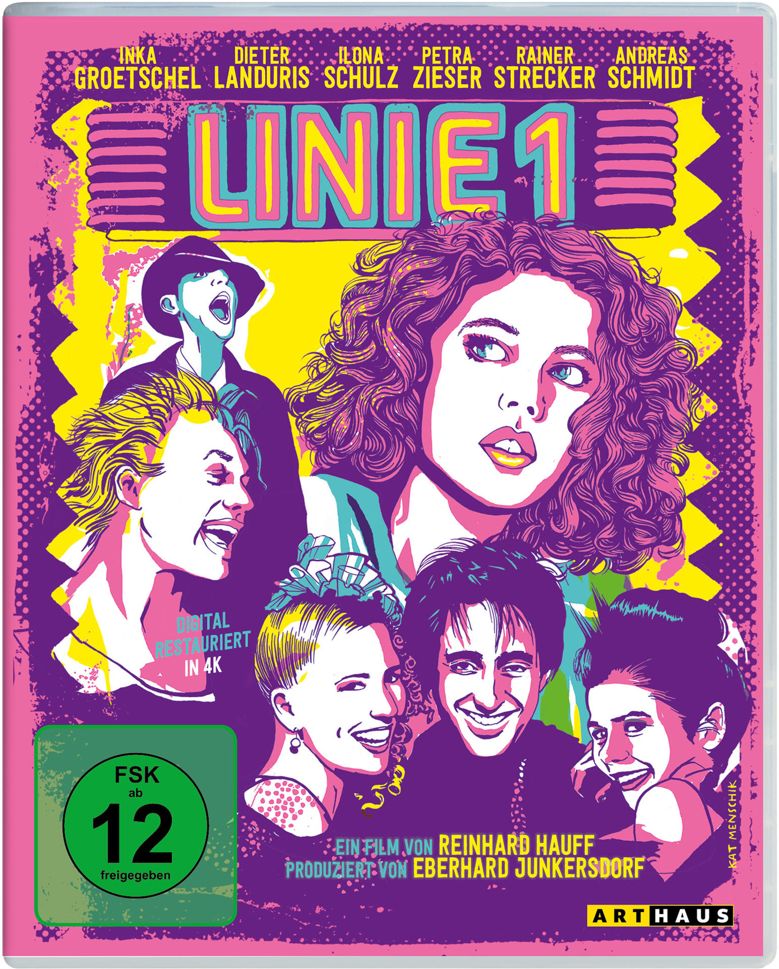 Filmcover mit Schauspielern. Titel ist LINIEL. Lila, gelbe und rosa Farben. Schauspieler lächeln.