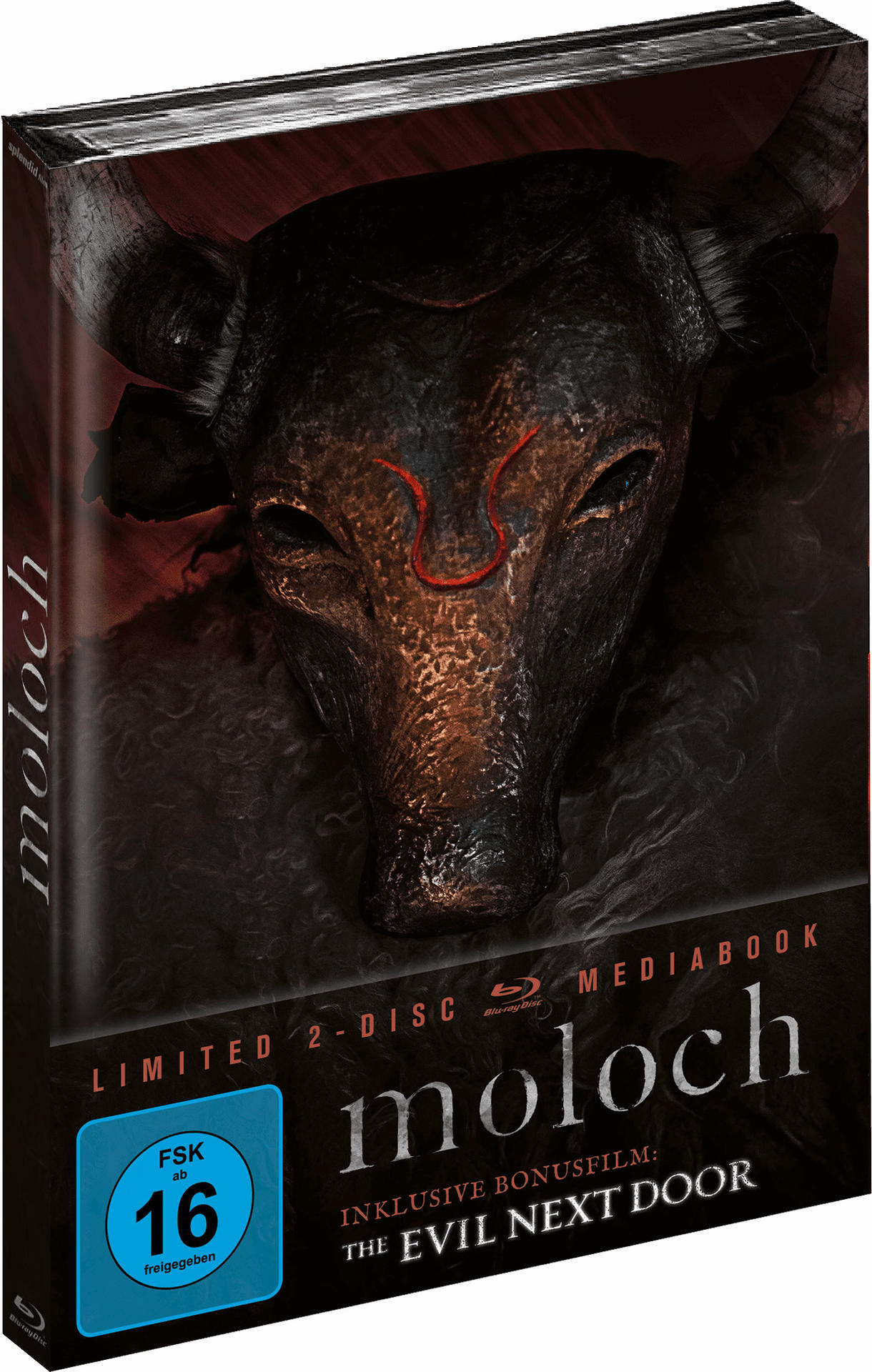 DVD-Hülle für den Film "Moloch". Auf dem Cover ist eine dunkle Maske. FSK 16.
