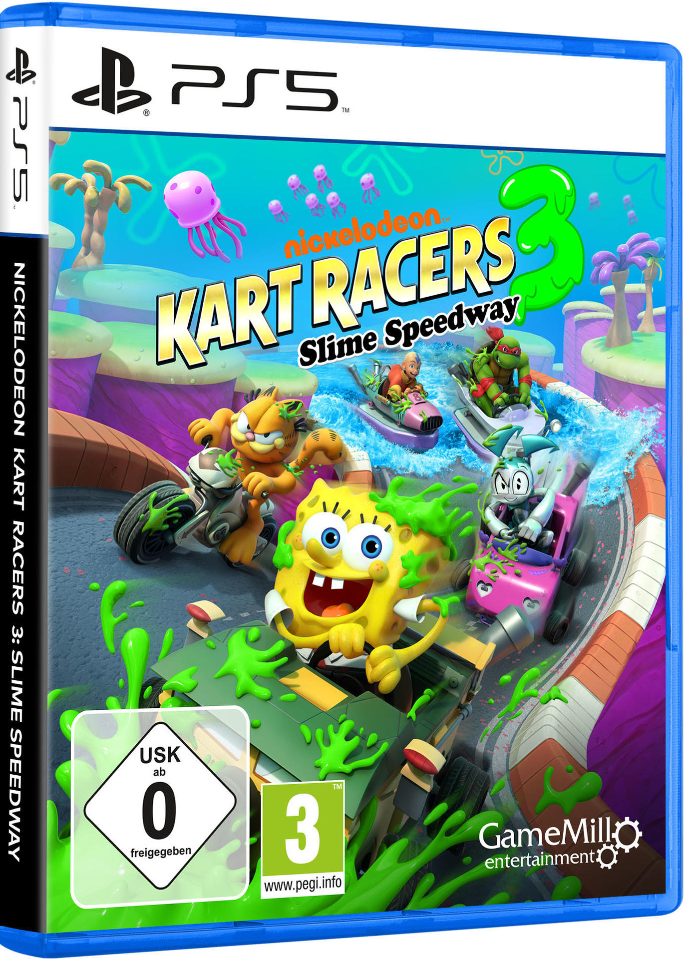 Spielbox für Nickelodeon Kart Racers 3 mit Charakteren, die auf einer Schleimstrecke fahren.