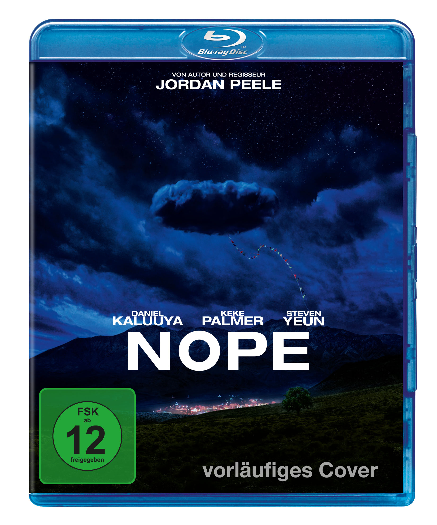 Blu-ray-Cover für den Film 'Nope', mit Wolke und Textüberlagerung.
