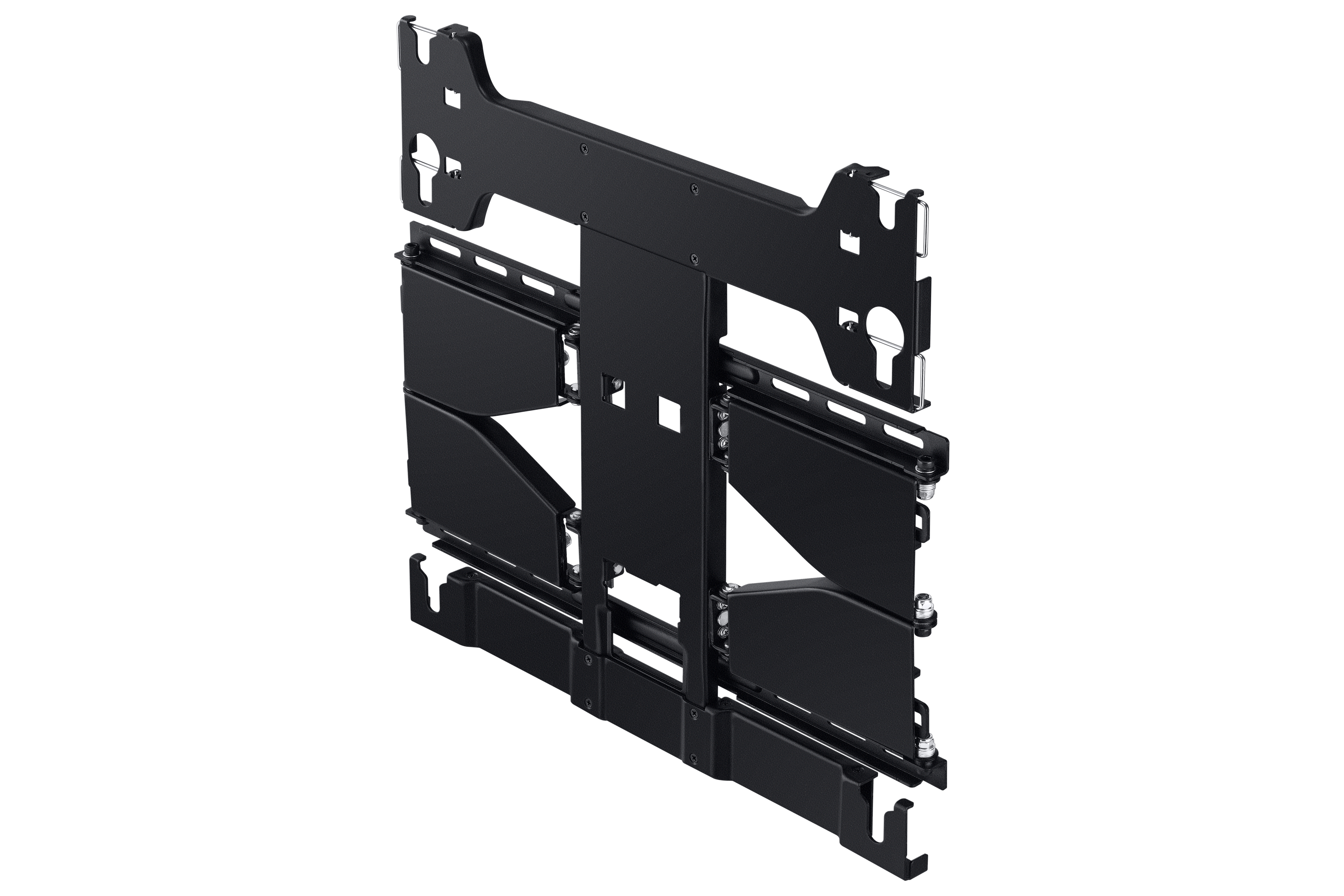 Soporte de montaje metálico negro. Tiene varias ranuras y agujeros.