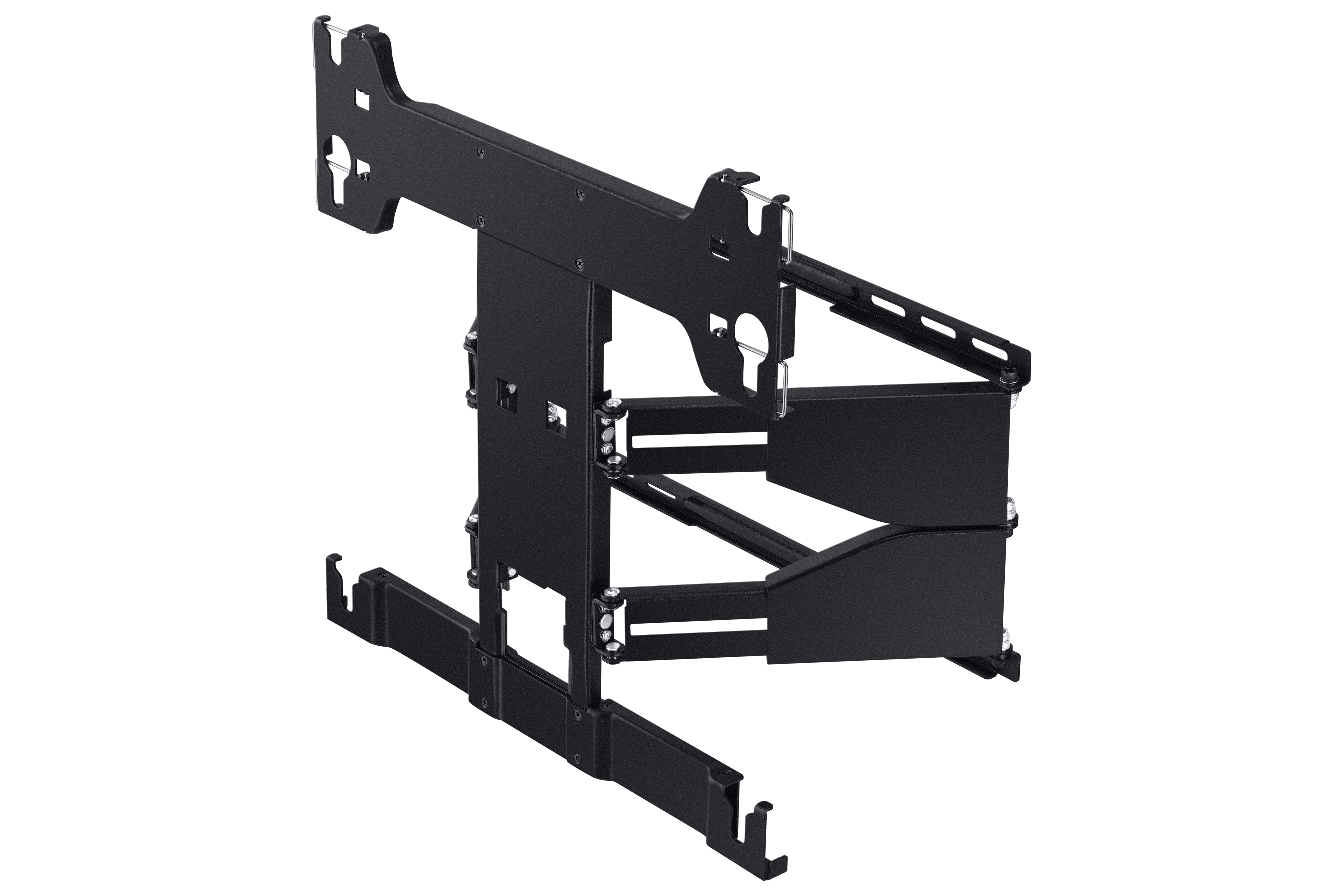 Soporte de pared de metal negro para un televisor grande.