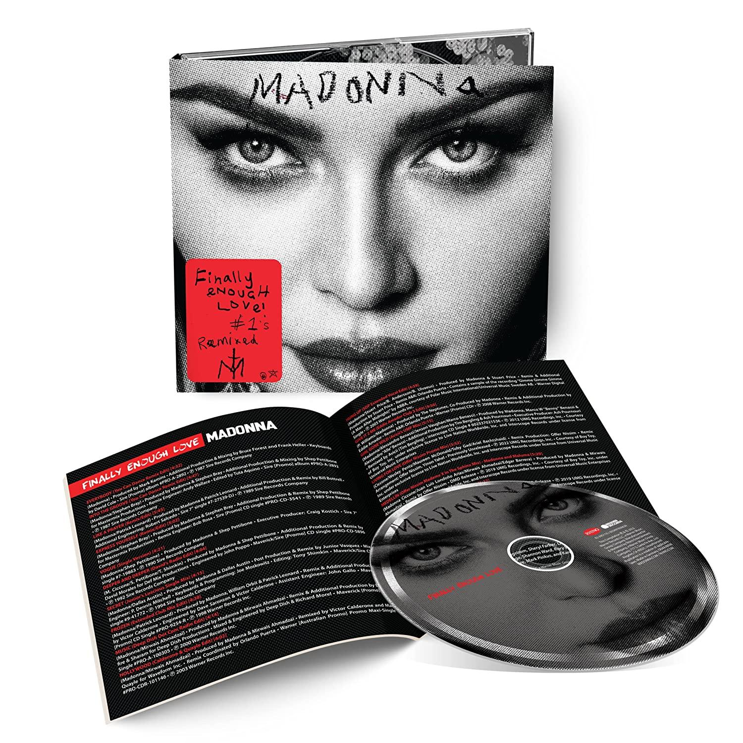 Madonna album borítója: Közelkép az arcáról, piros matrica bal felül, nyitott CD tok.