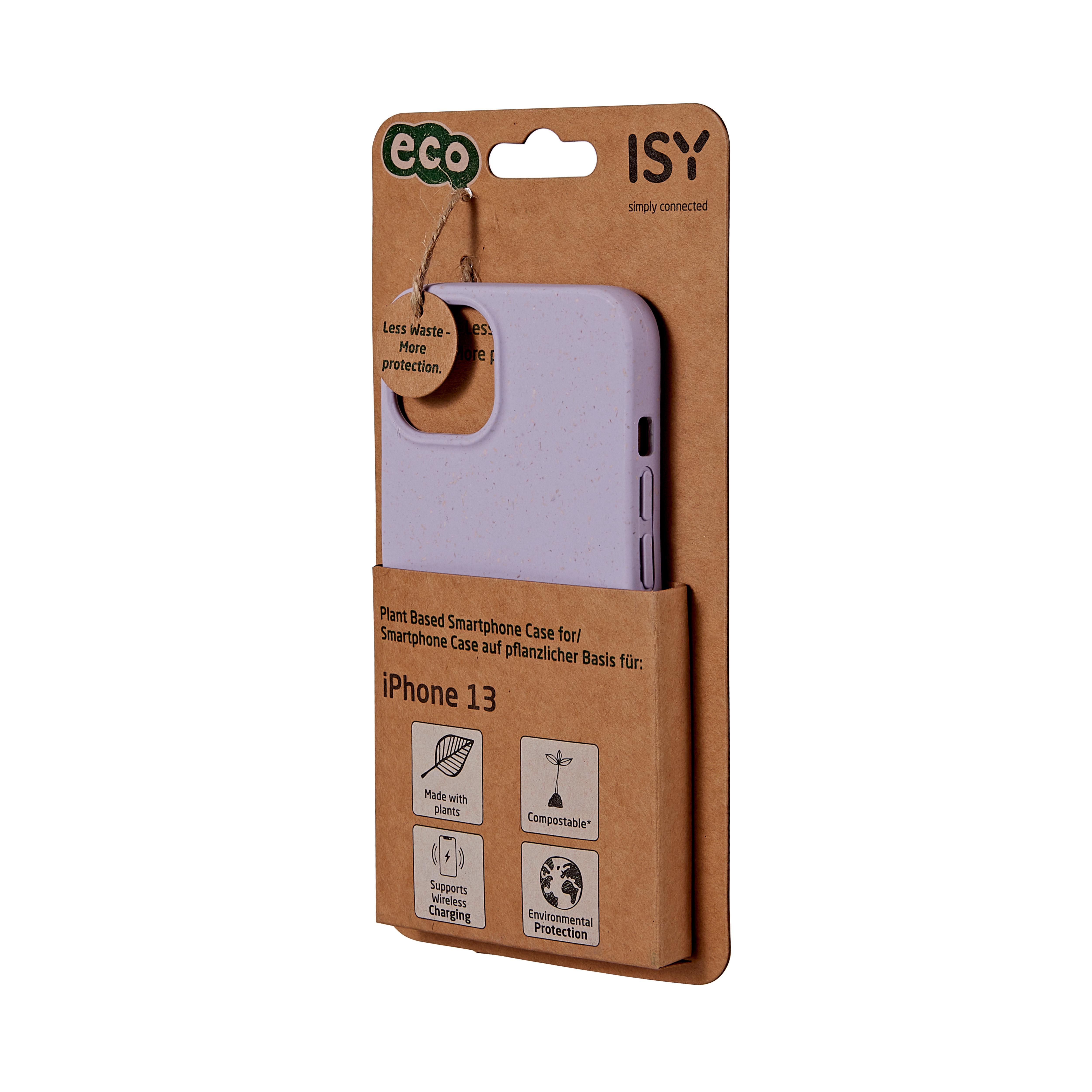Lila Handyhülle in Kartonverpackung, für iPhone 13, mit Etiketten.