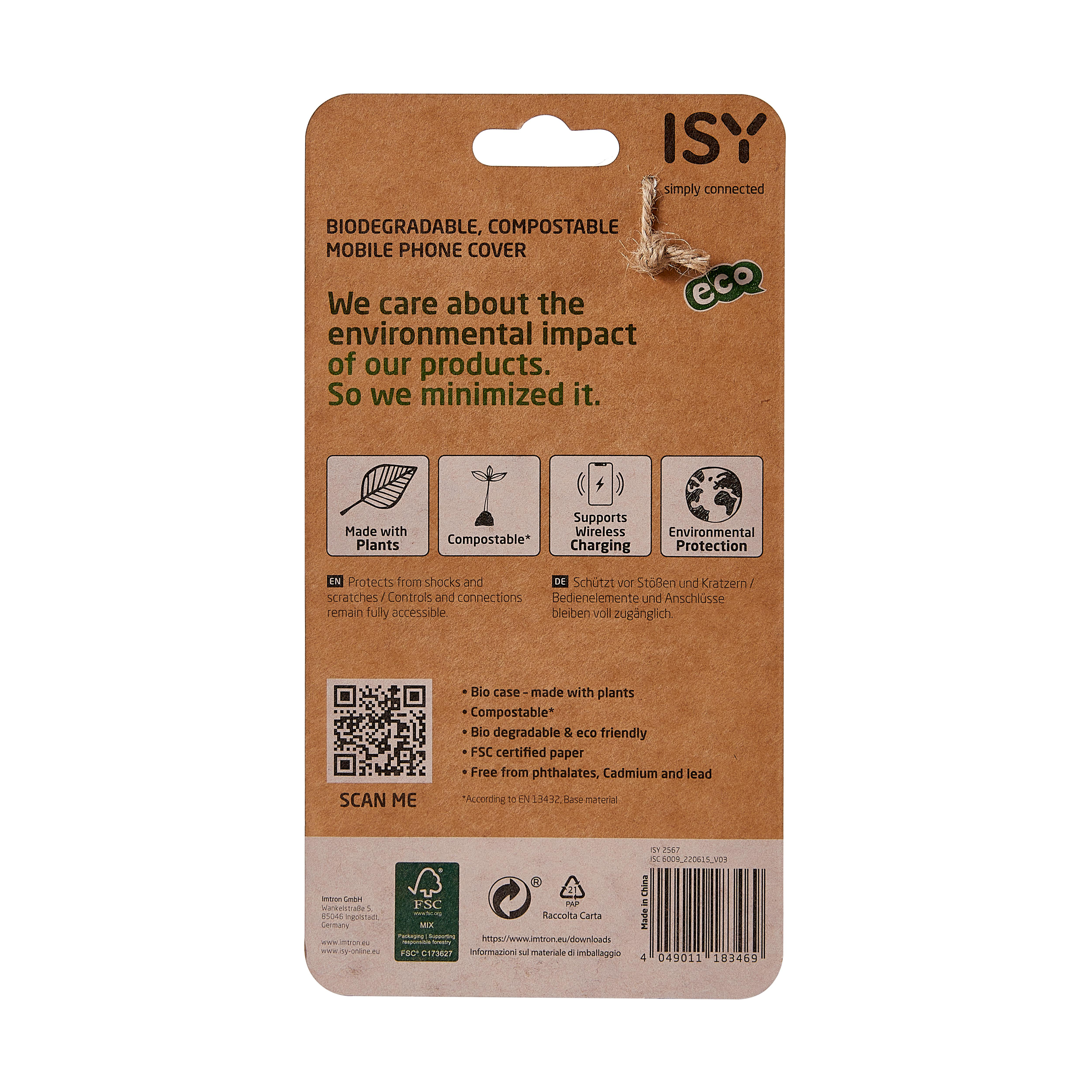 Braune und weiße Verpackung mit Text und Symbolen, umweltfreundliches Produkt.