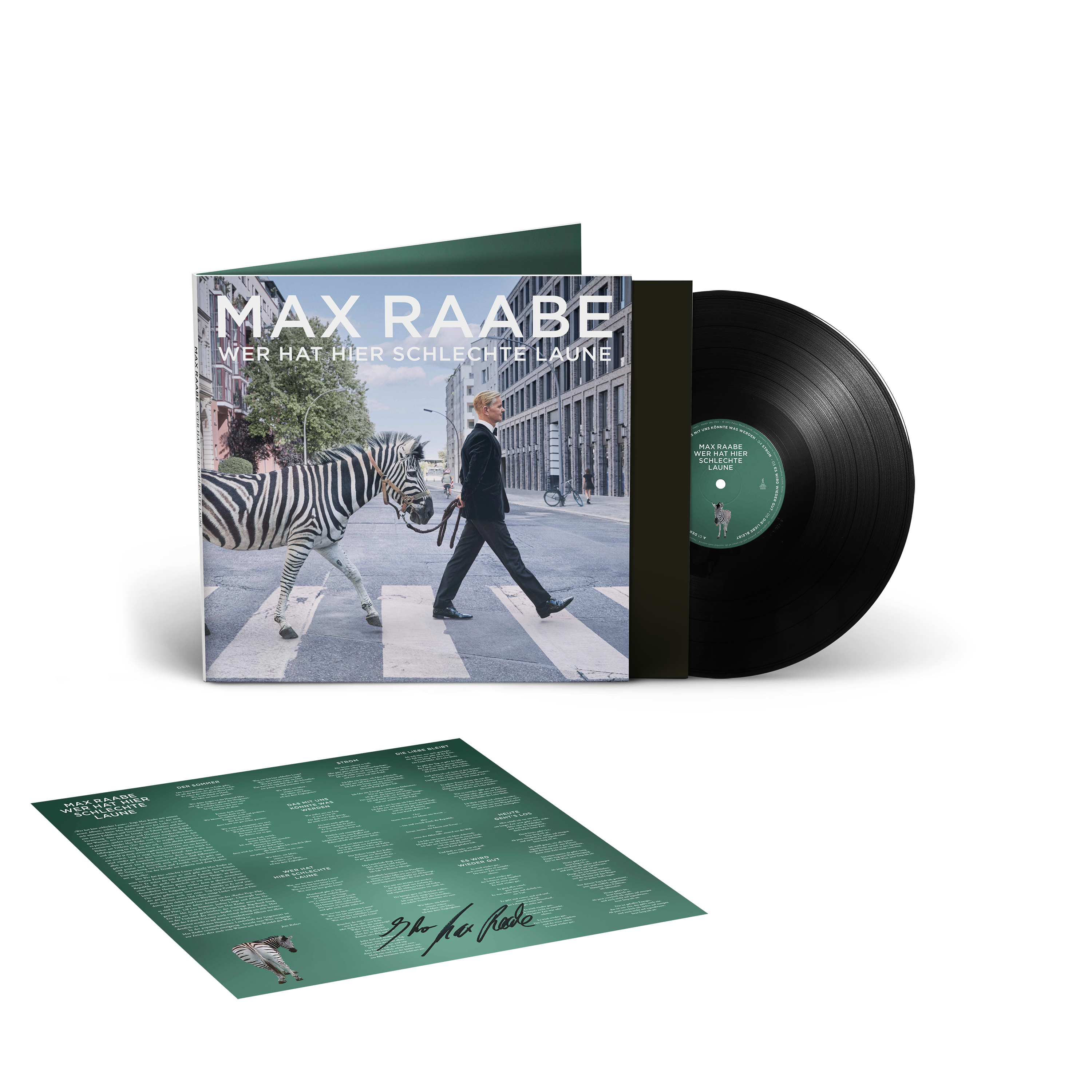 Max Raabe Album. Ein Mann im Anzug geht mit einem Zebra über einen Zebrastreifen. Eine Schallplatte ist sichtbar.