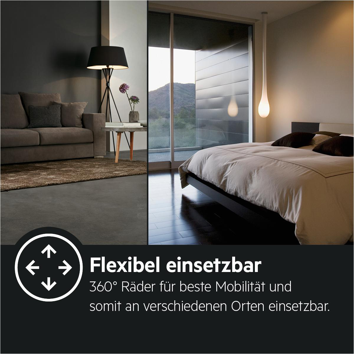 Ein Zimmer mit Sofa und Bett. Text: 'Flexibel einsetzbar' und Pfeile.