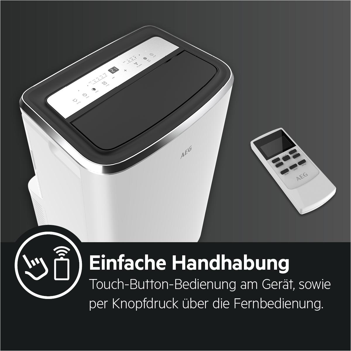 Weißer und schwarzer Luftentfeuchter mit Fernbedienung. Text: Einfache Bedienung, Touch-Button-Steuerung, Fernbedienung.