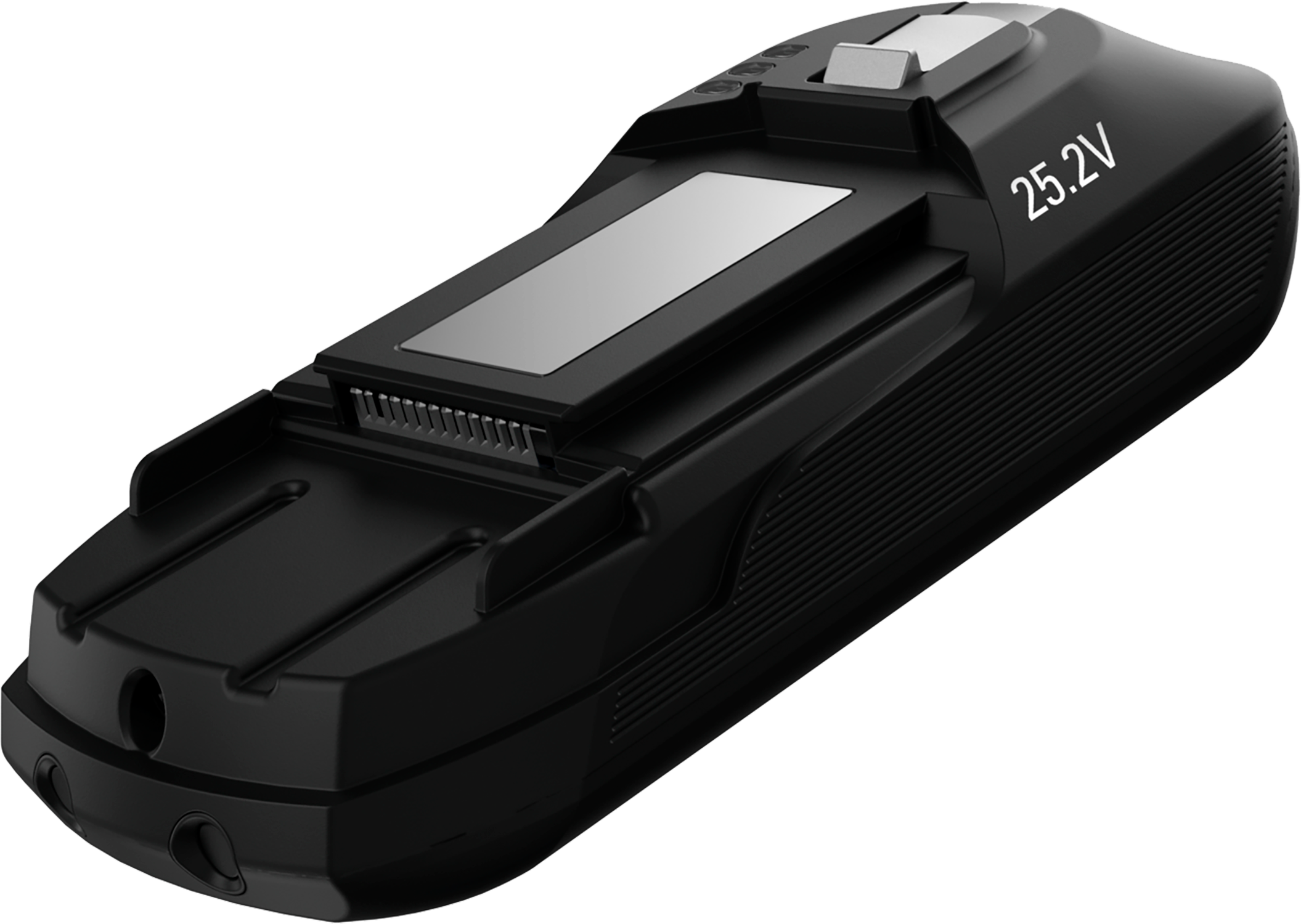 Zwart 25,2V batterijpakket, schuine weergave, met een zilveren gedeelte en connectoren.