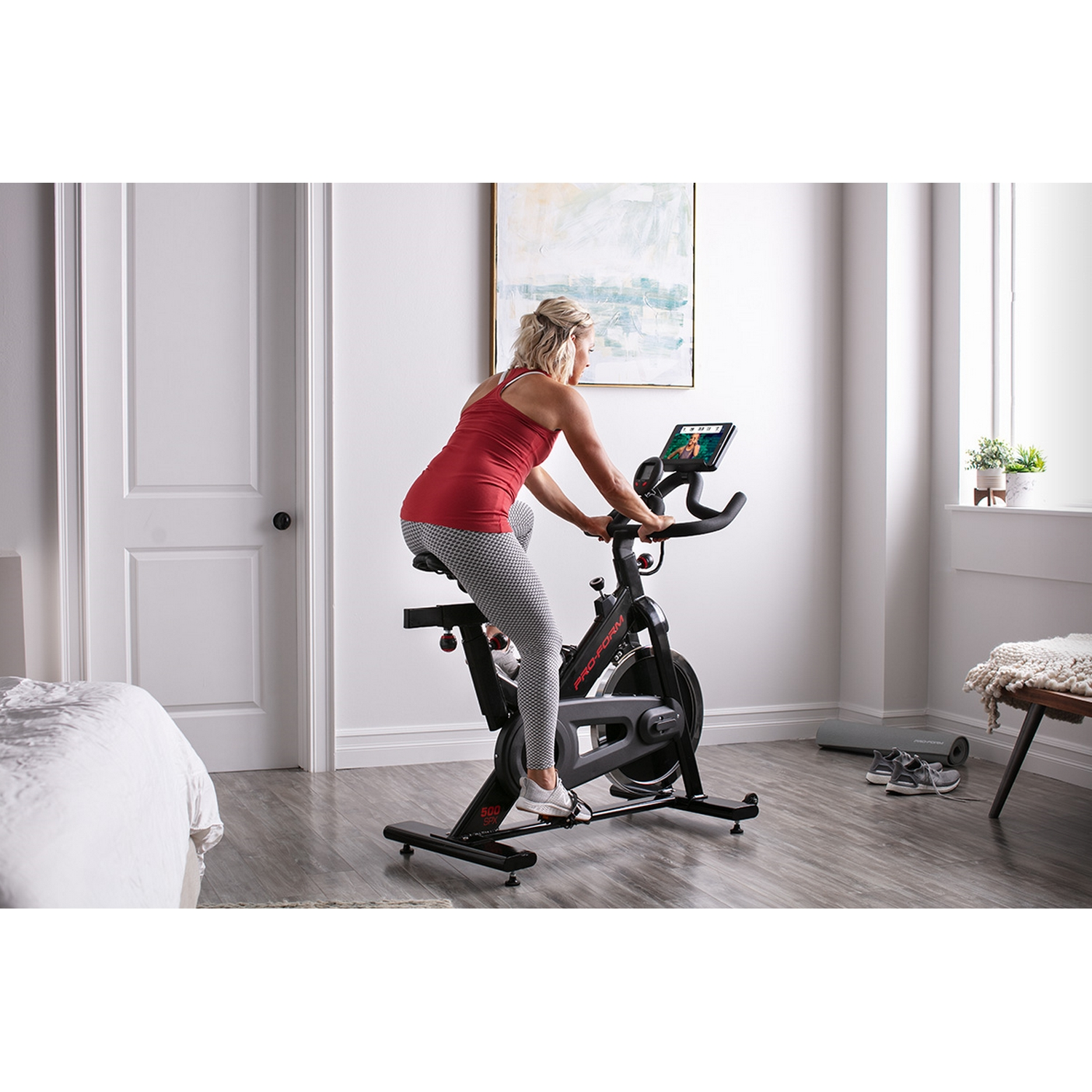 Bicicleta estática - ProForm 500 SPX, Hasta 115 kg, Pantalla LCD, Volante de 18 kg, Asiento ajustable, Negro