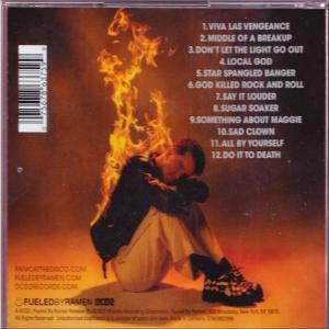 Albumcover. Eine Person sitzt mit Feuer um sich herum und Text.