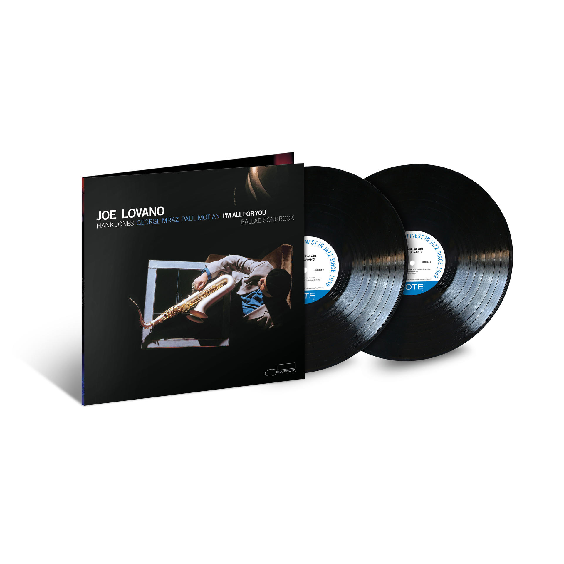 Pochette d'album et deux disques vinyles noirs. La pochette montre un homme avec un saxophone. Fond blanc.