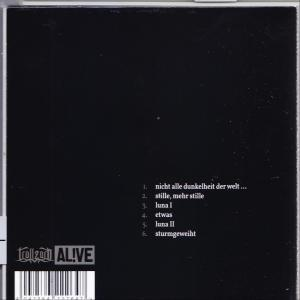Album-Rückseite. Schwarz mit weißem Text. Tolpan Alive Logo.