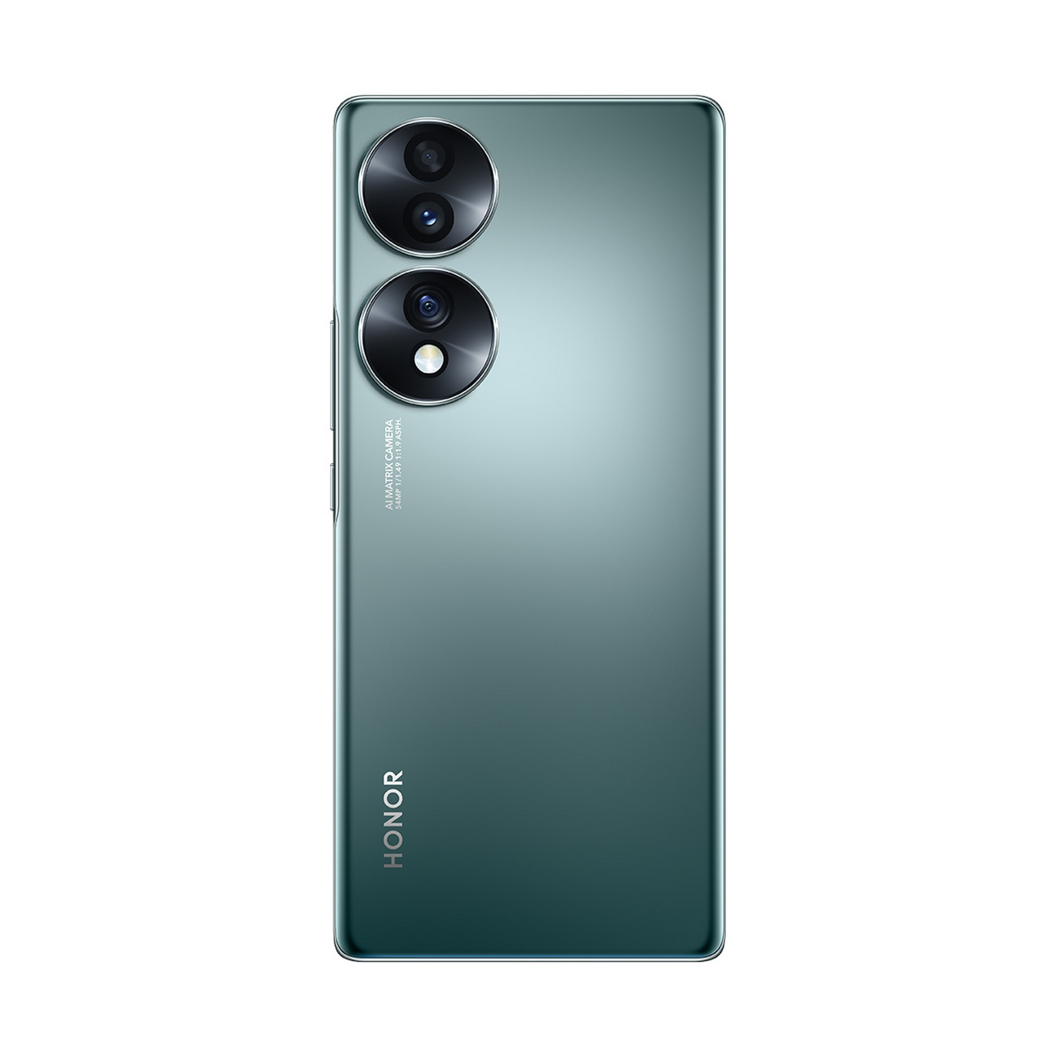 Teléfono Honor verde, cámara dual, borde plateado, parte trasera verde oscuro, logo HONOR, fondo blanco.