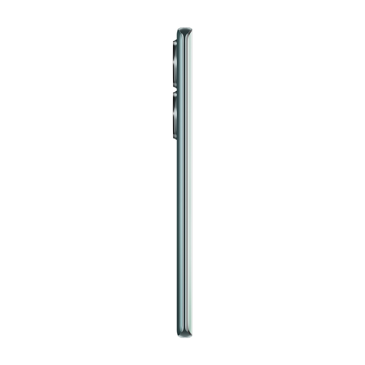 Vista lateral de un smartphone elegante y moderno con sistema de cámara multiobjetivo, en color plata-verde.