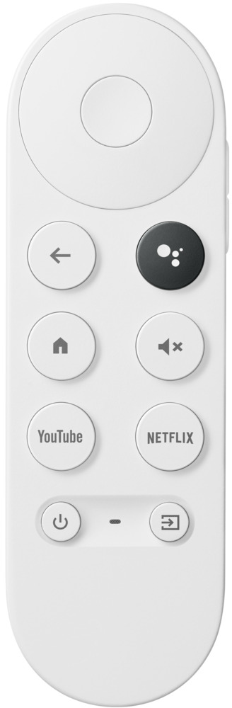 Witte Google TV-afstandsbediening met knoppen voor stroom, volume, YouTube, Netflix en navigatie.