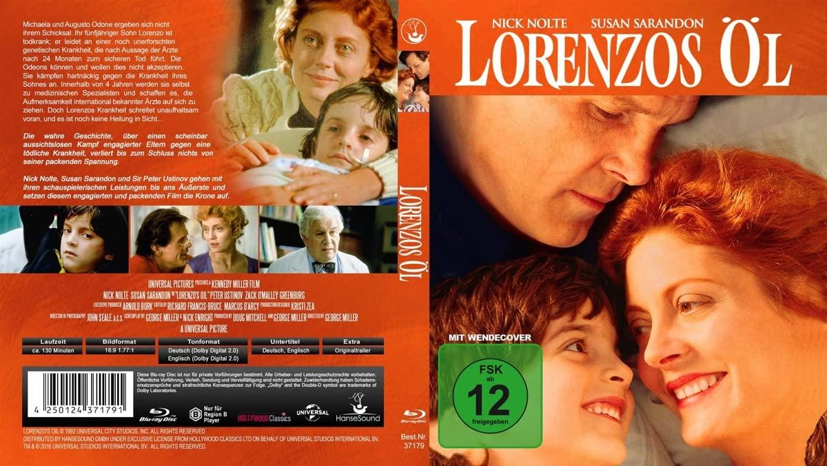 Lorenzos Öl DVD-Cover, Schauspieler, Filmtitel und Bewertungsschild sichtbar.