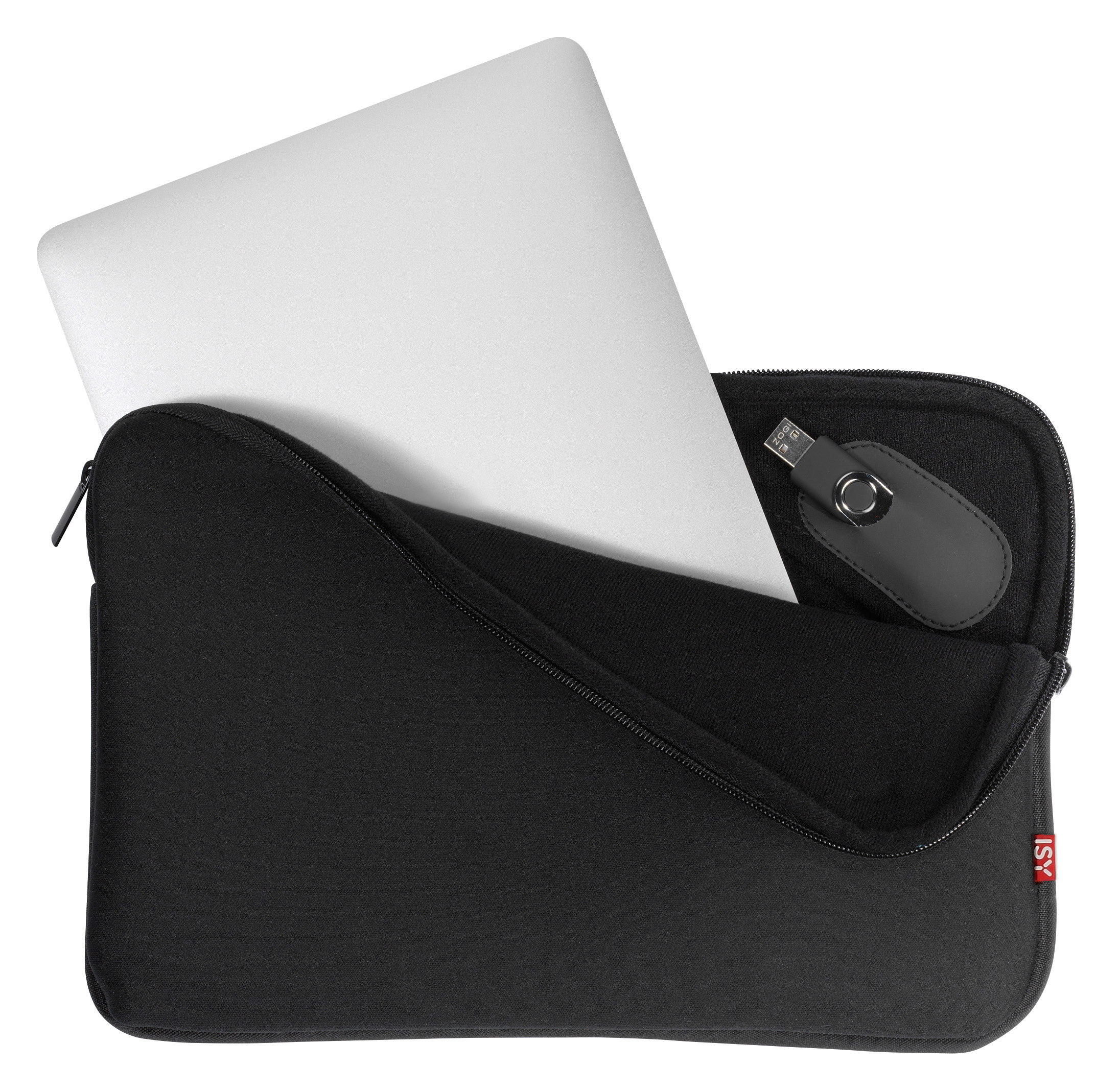 Schwarze Laptop-Hülle mit einem silbernen Laptop darin, auch ein USB-Stick ist in der Tasche.