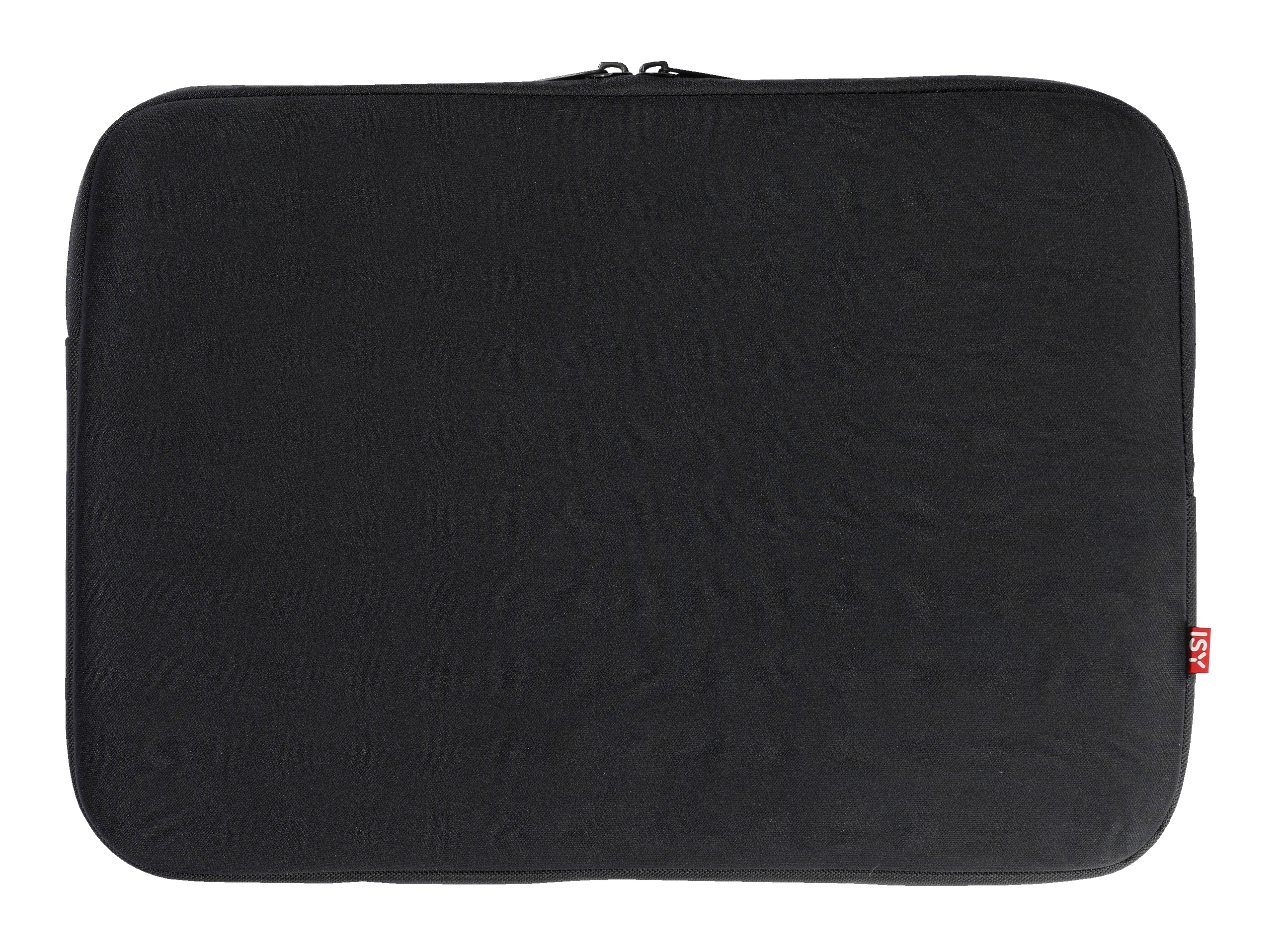Schwarze Laptoptasche, mit Reißverschluss und ISY-Logo in Rot.