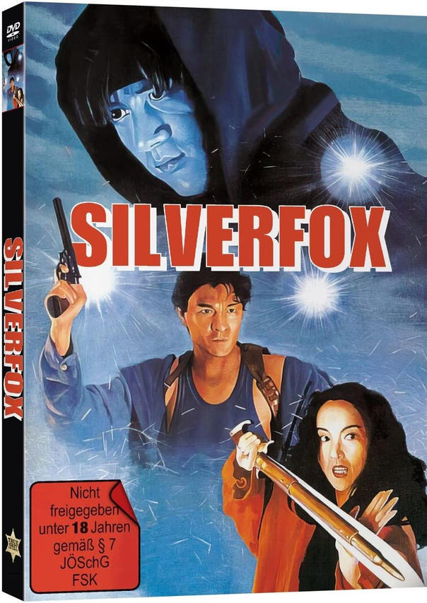 Filmcover. Drei Personen mit Waffen auf blauem Hintergrund, Text.