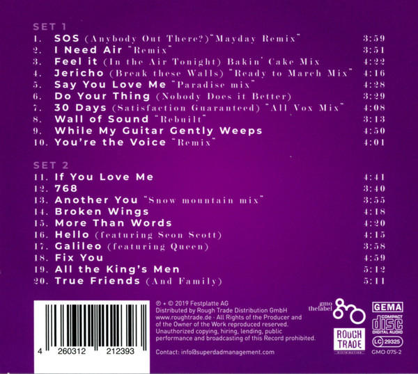 CD-Cover mit Titelliste in Lila und Weiß. Enthält einen Barcode und Logos. Die Tracks sind als SET 1 und SET 2 aufgeführt.