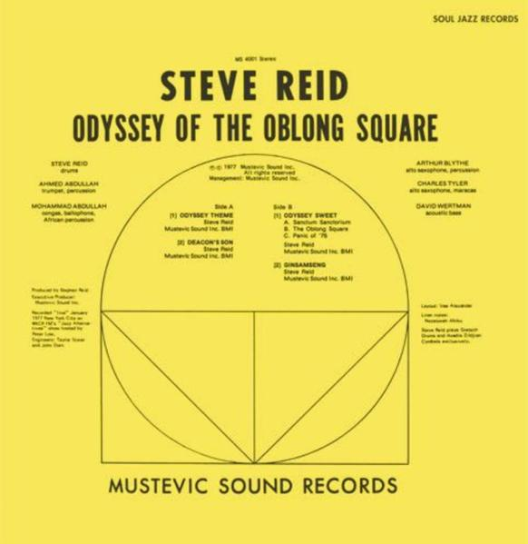Albumhoes voor 'Steve Reid Odyssey of the Oblong Square' op een gele achtergrond.