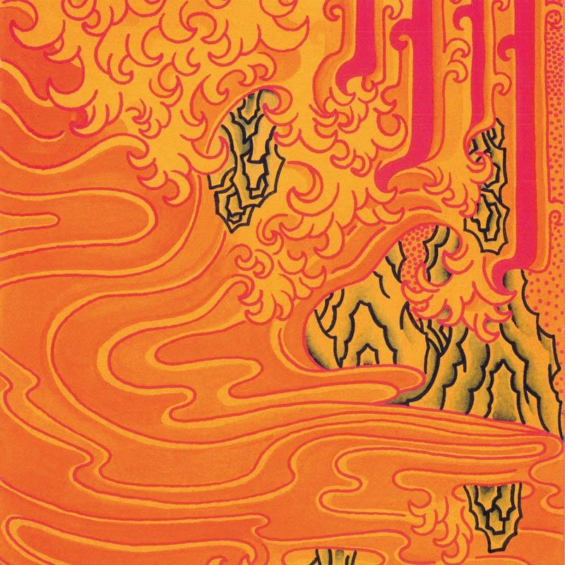 Abstrakte Kunst aus orangefarbenen und gelben fließenden Formen und Linien mit schwarzen Akzenten.