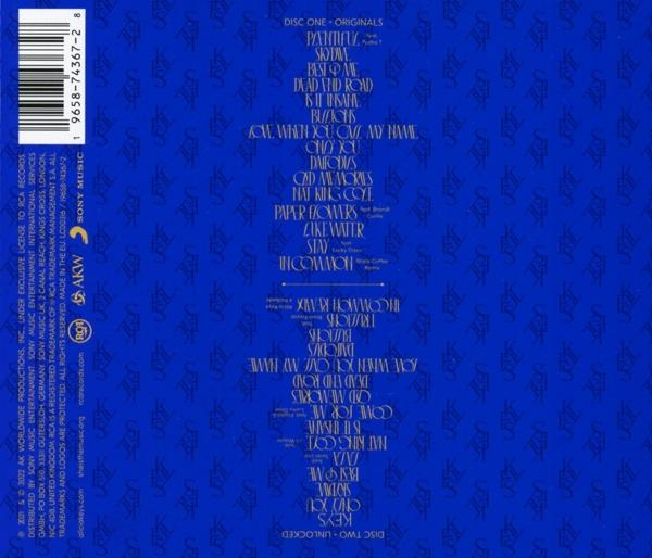 Blaues Albumcover mit Songtiteln und Künstlerinformationen auf blauem Hintergrund gedruckt.