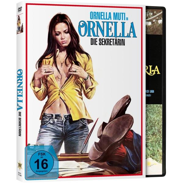 DVD-Cover des Films. Eine Frau in gelbem Hemd und Jeans. Der Titel lautet 'Ornella Die Sekretärin'.