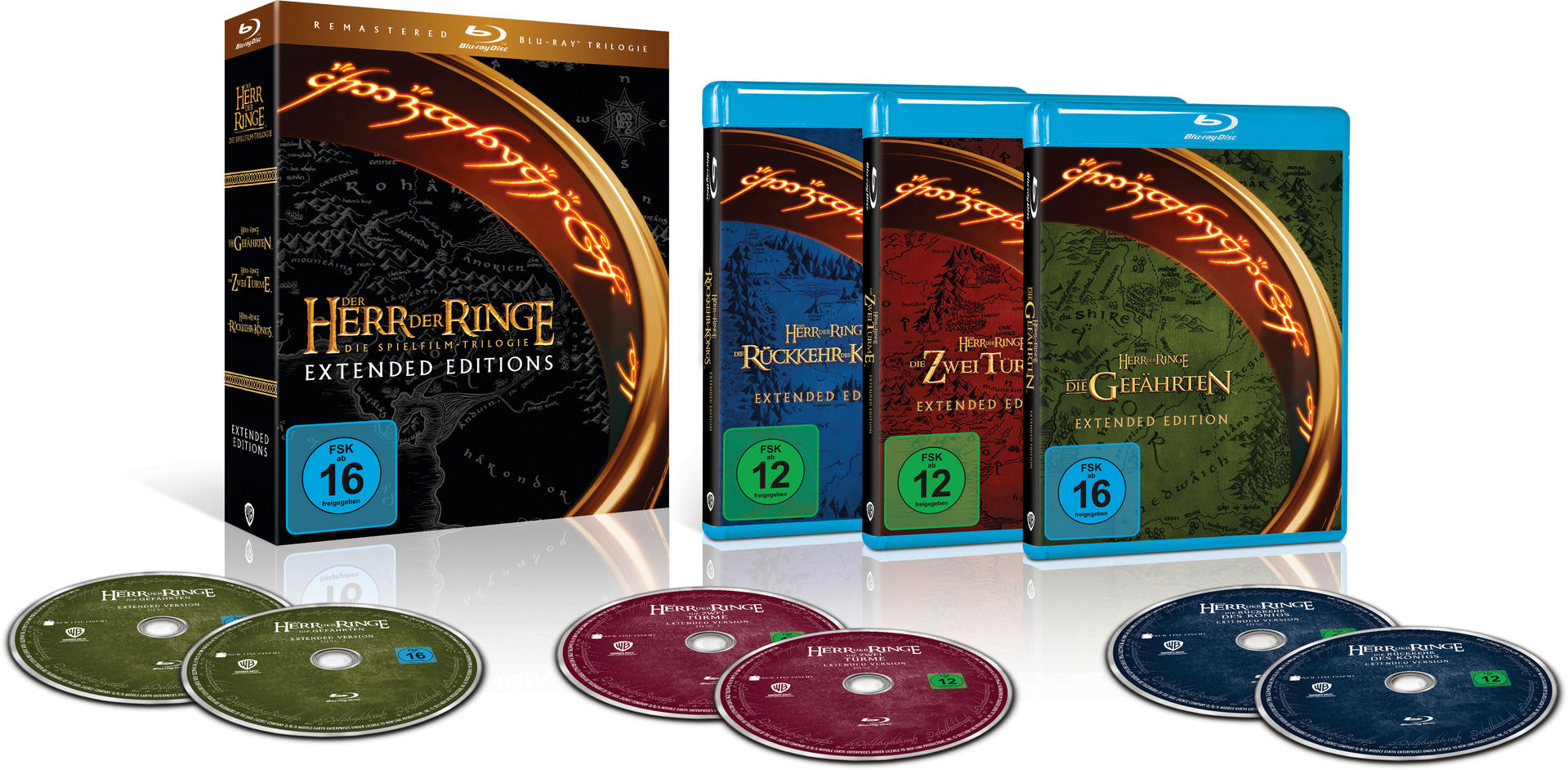 Herr der Ringe Trilogie Blu-ray Boxset und einzelne Hüllen. Discs sind sichtbar.