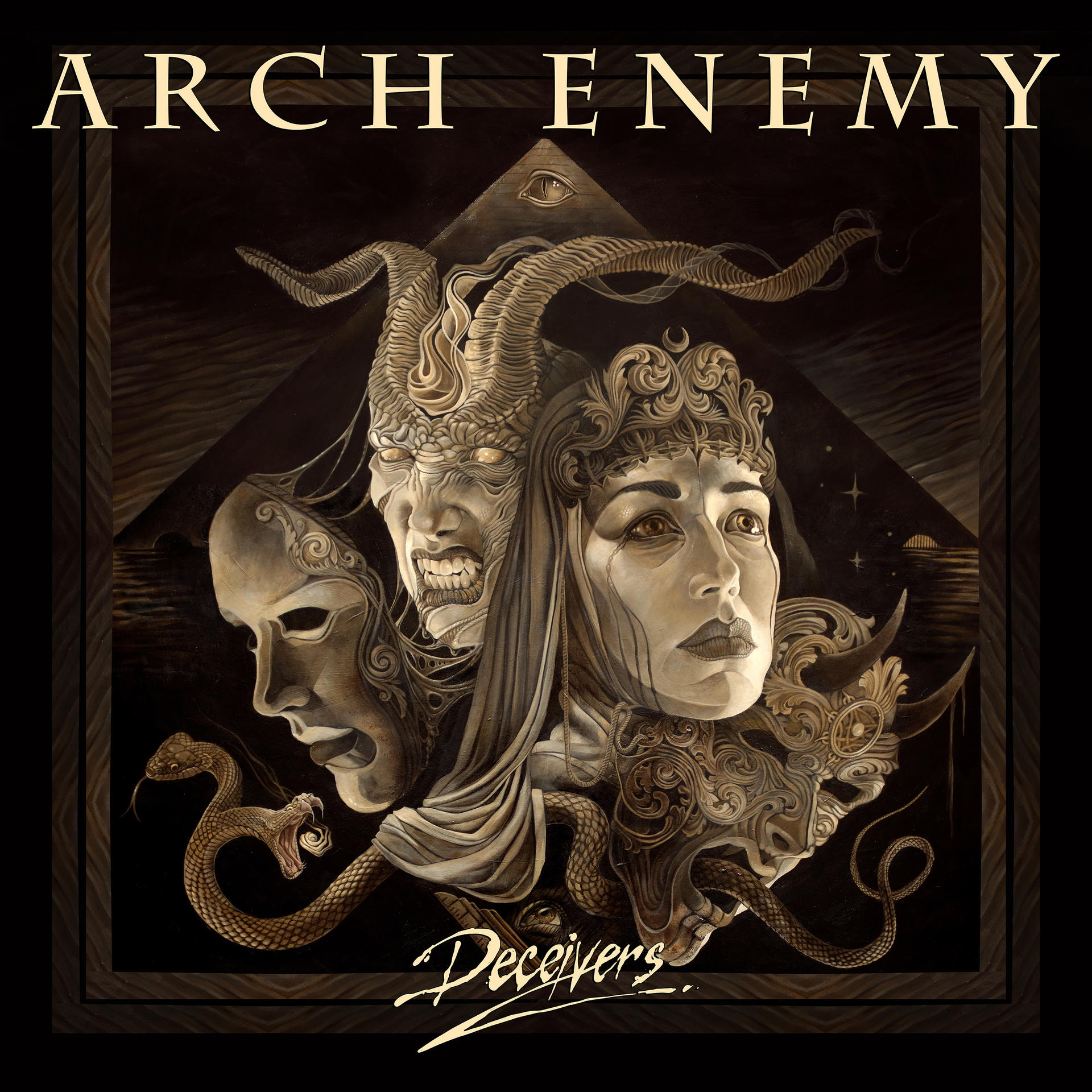 Az 'Arch Enemy' album borítója szürreális képpel, arcokkal, kígyókkal és egy piramissal.