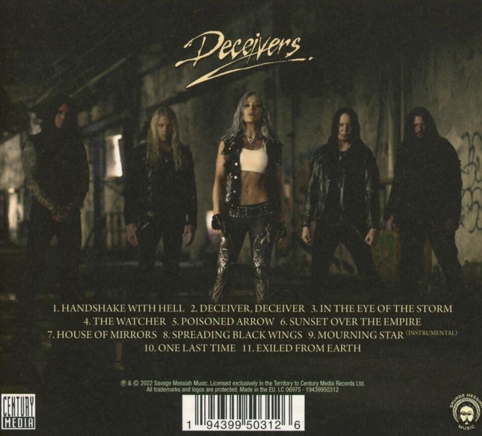 A 'Deceivers' zenekar album borítója, tagokkal és szöveggel, a számok címeivel.